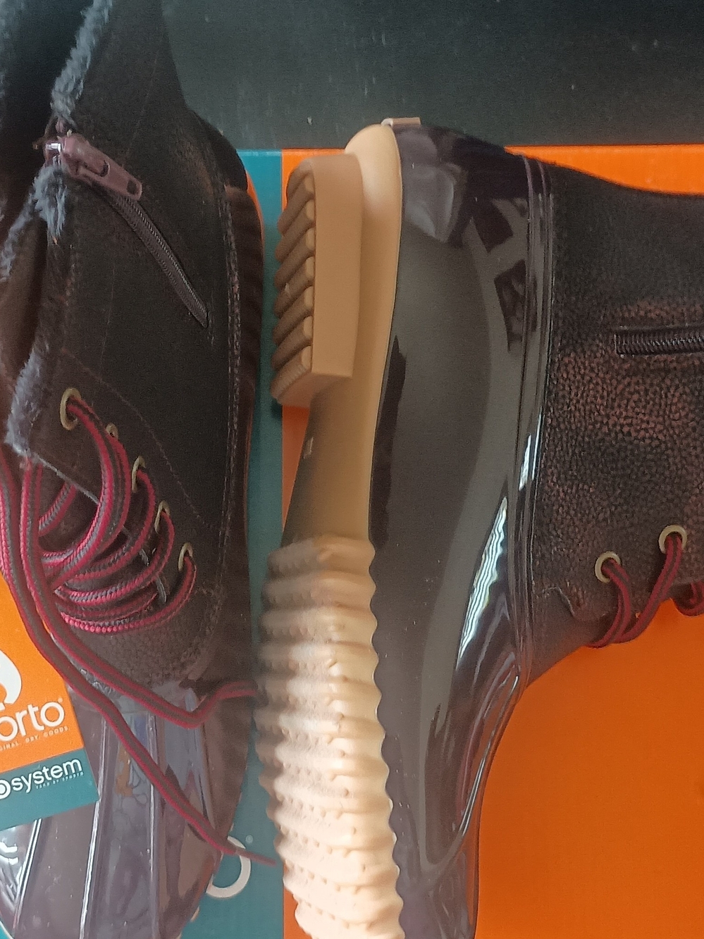 Sporto Wine Glossy Lace-Up Boots with Tan Ridged Sole and Burgundy Laces